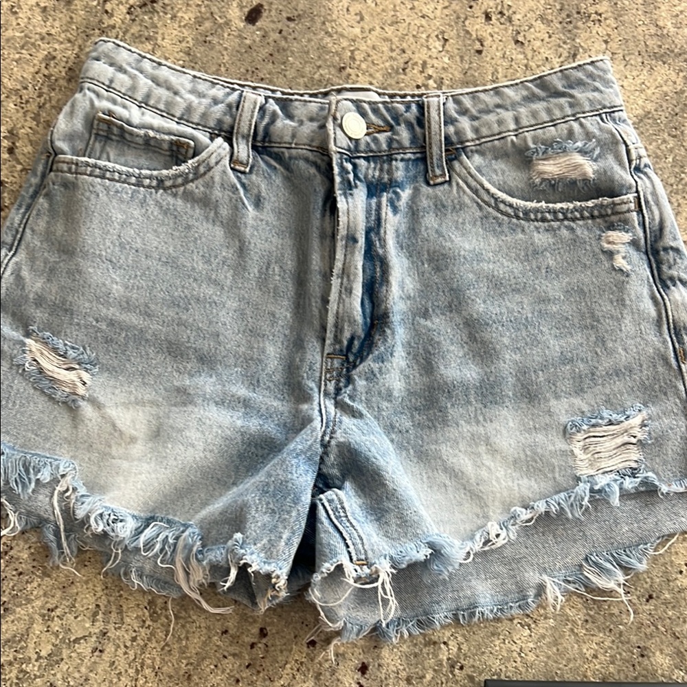 Blue Distressed Jean Shorts with Frayed Hem
